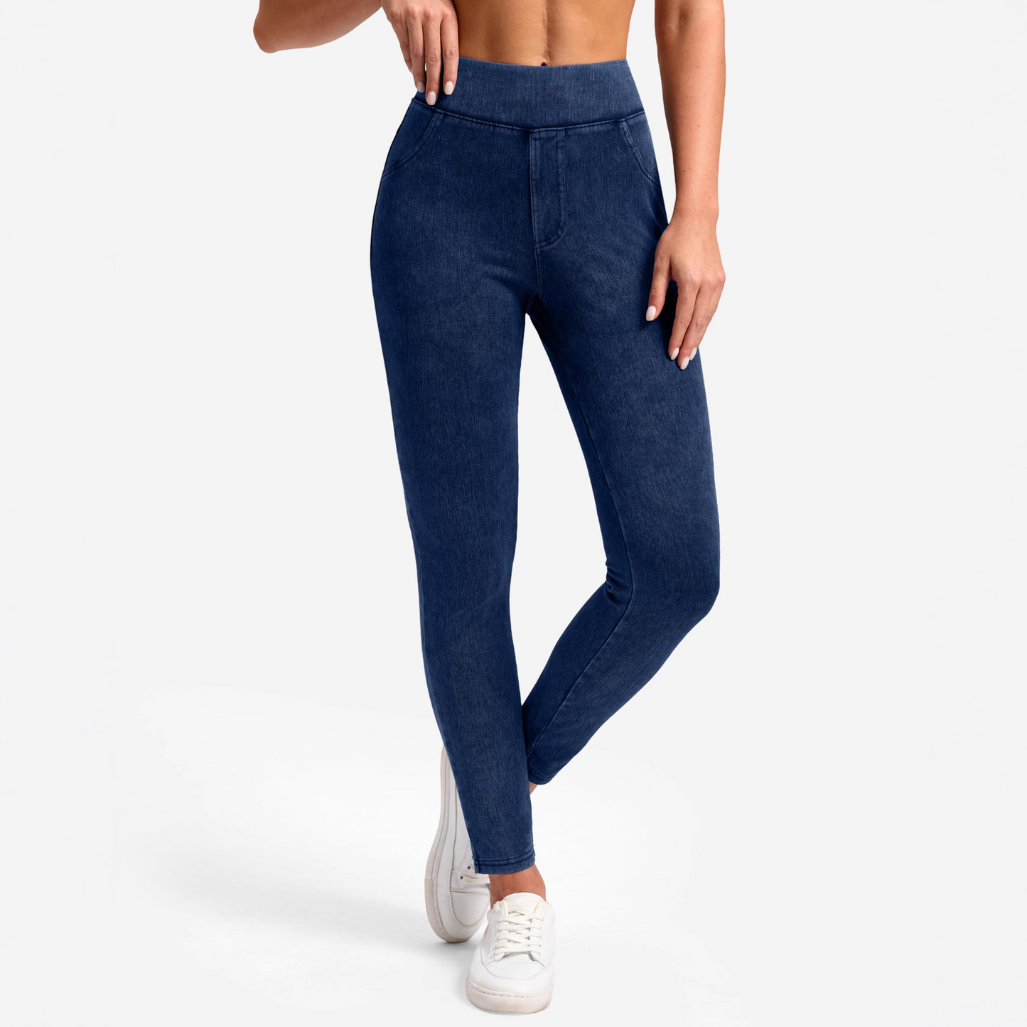 Women's set style elastic jeans with high waist and tight fit jeans with pockets, fashionable and versatile pants