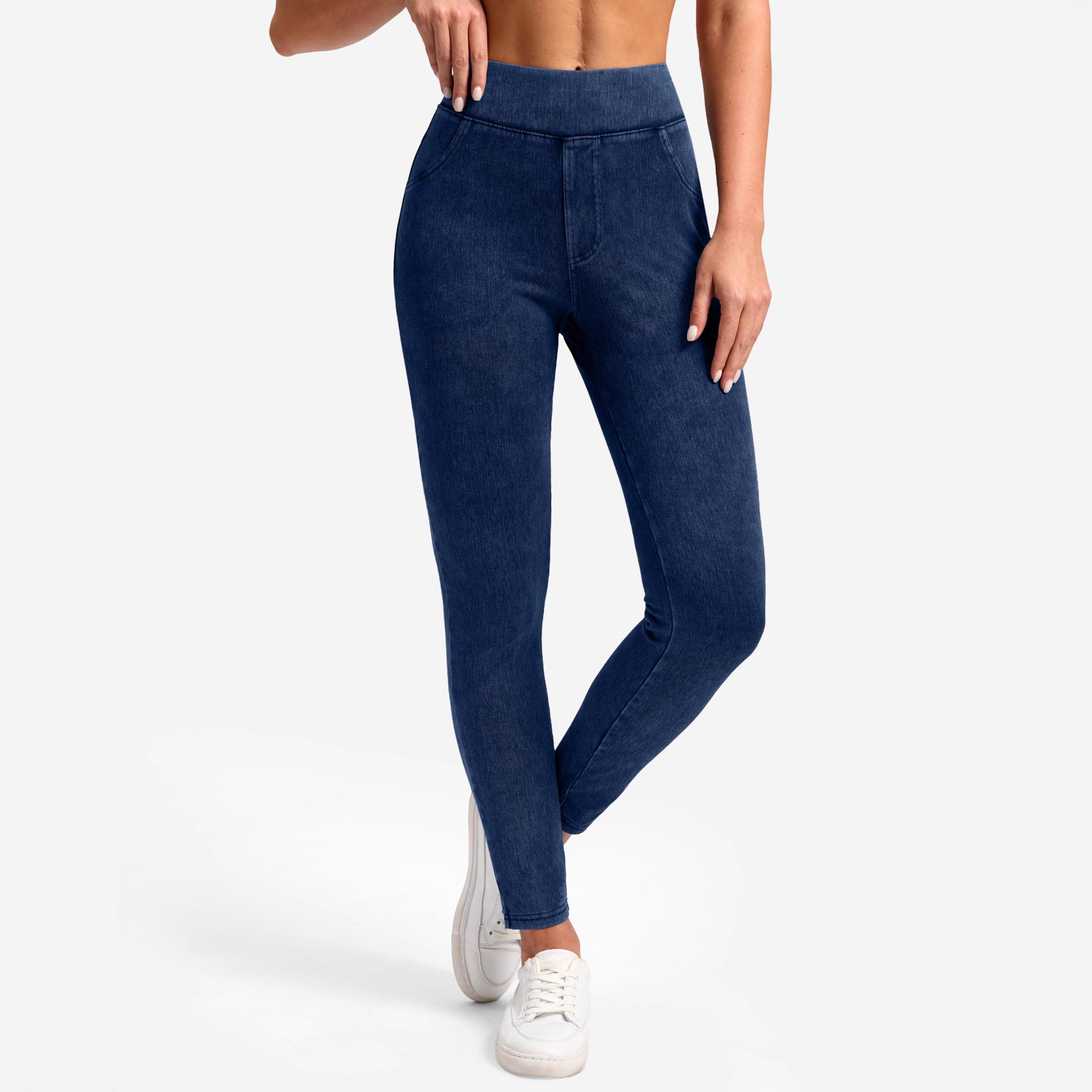 Women's set style elastic jeans with high waist and tight fit jeans with pockets, fashionable and versatile pants