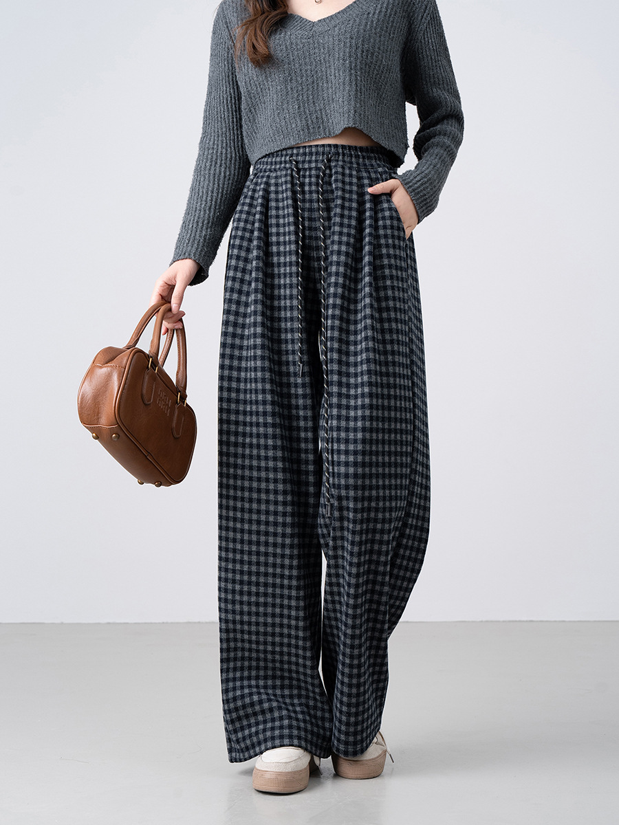 New autumn/winter retro brushed fleece-lined plaid casual pants, loose fit, slimming, warm, straight leg, long pants