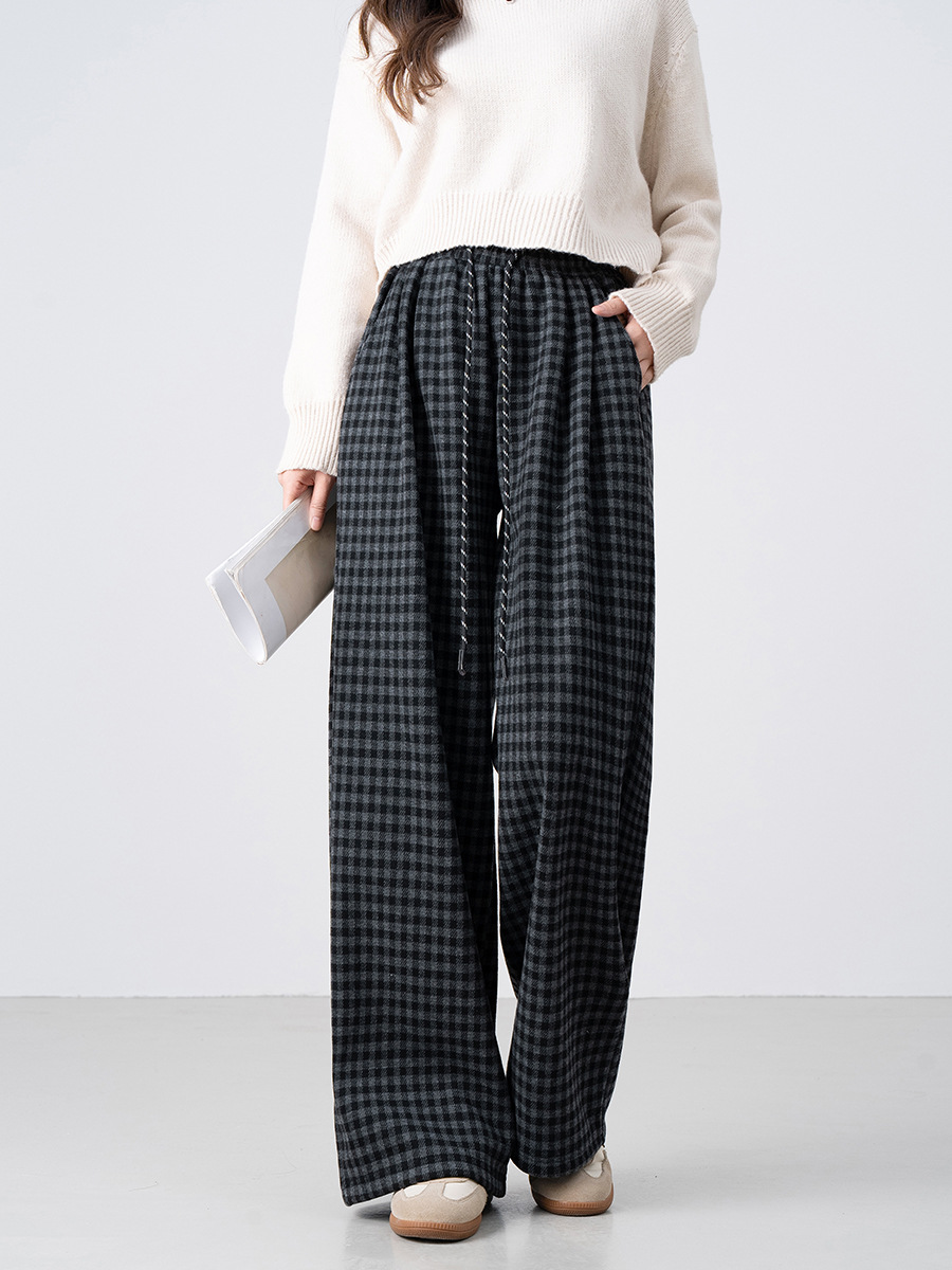 New autumn/winter retro brushed fleece-lined plaid casual pants, loose fit, slimming, warm, straight leg, long pants