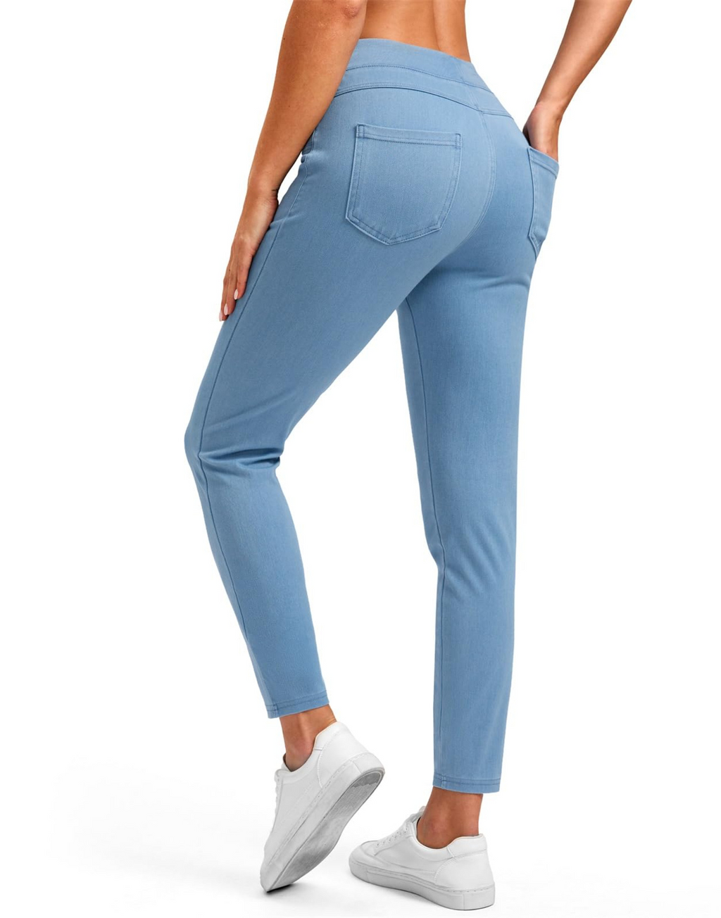 Women's set style elastic jeans with high waist and tight fit jeans with pockets, fashionable and versatile pants
