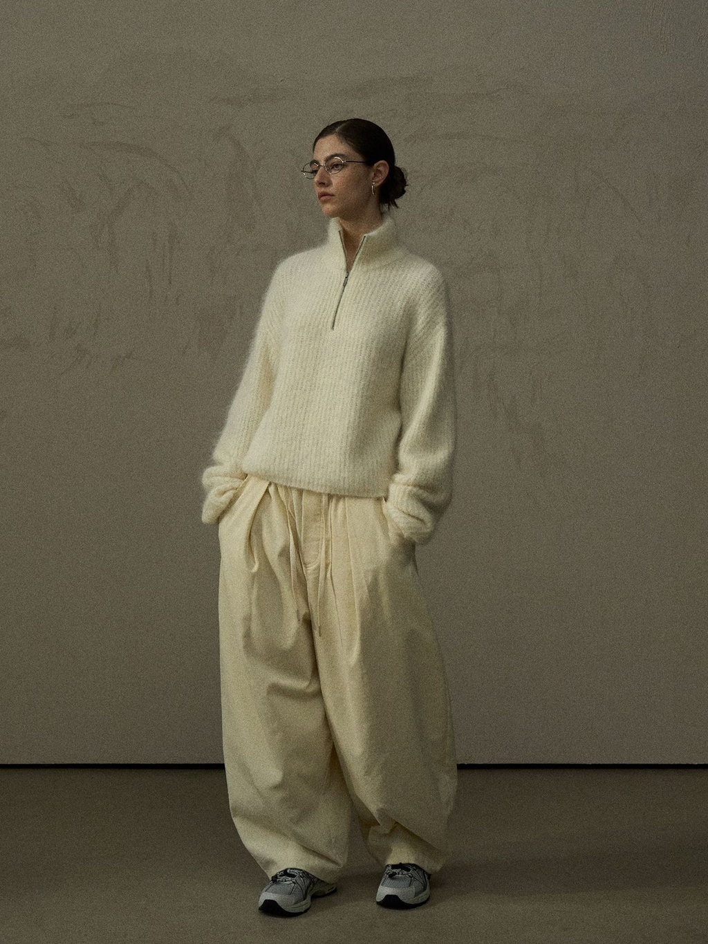 Delicate and soft alpaca wool half-zip turtleneck knit sweater for women