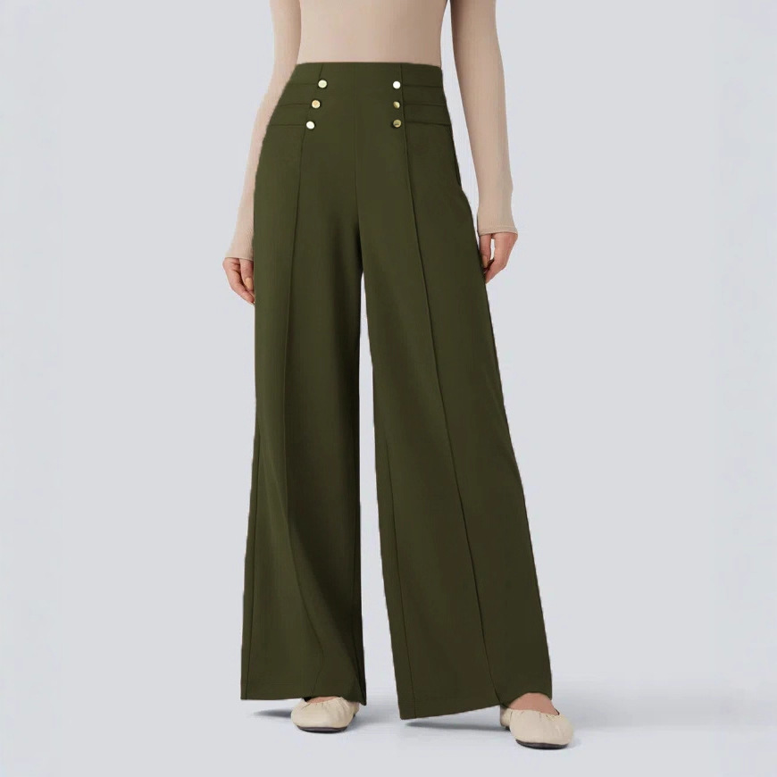 New women's high-waisted, flowy wide-leg pants with stylish buttons, slimming black straight leg pants, elegant commuter pants