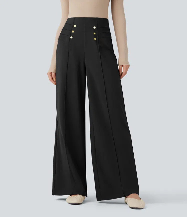 New women's high-waisted, flowy wide-leg pants with stylish buttons, slimming black straight leg pants, elegant commuter pants