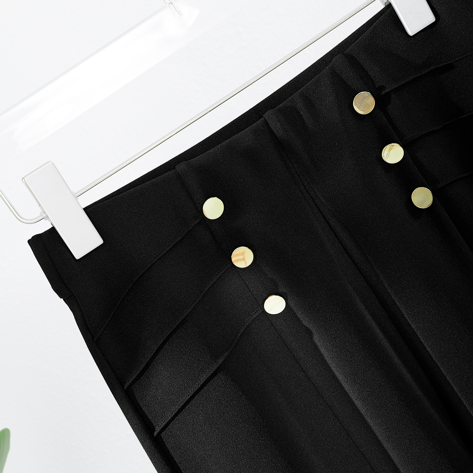New women's high-waisted, flowy wide-leg pants with stylish buttons, slimming black straight leg pants, elegant commuter pants