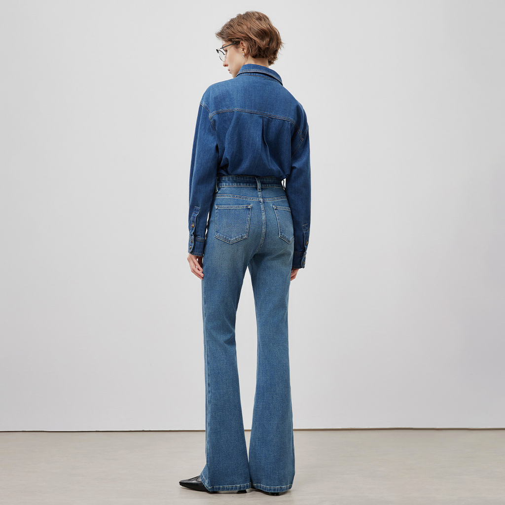 High end 2025 spring new women's clothing with four sided elastic micro pull fit denim pants, deep blue, fashionable and versatile