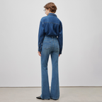 High end 2025 spring new women's clothing with four sided elastic micro pull fit denim pants, deep blue, fashionable and versatile