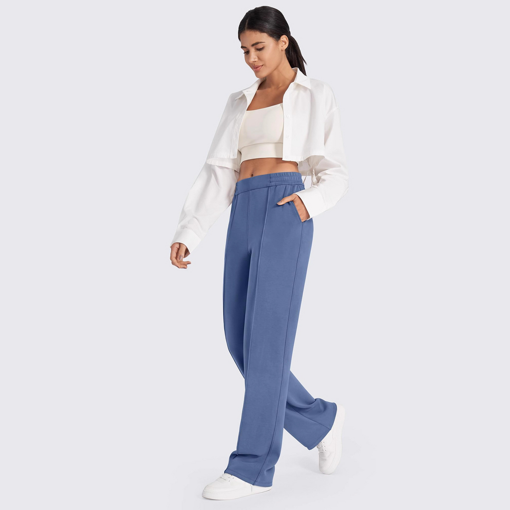 Autumn/Winter New Casual Comfort Elastic High-Waisted Black Straight Leg Pants with Pockets for Women