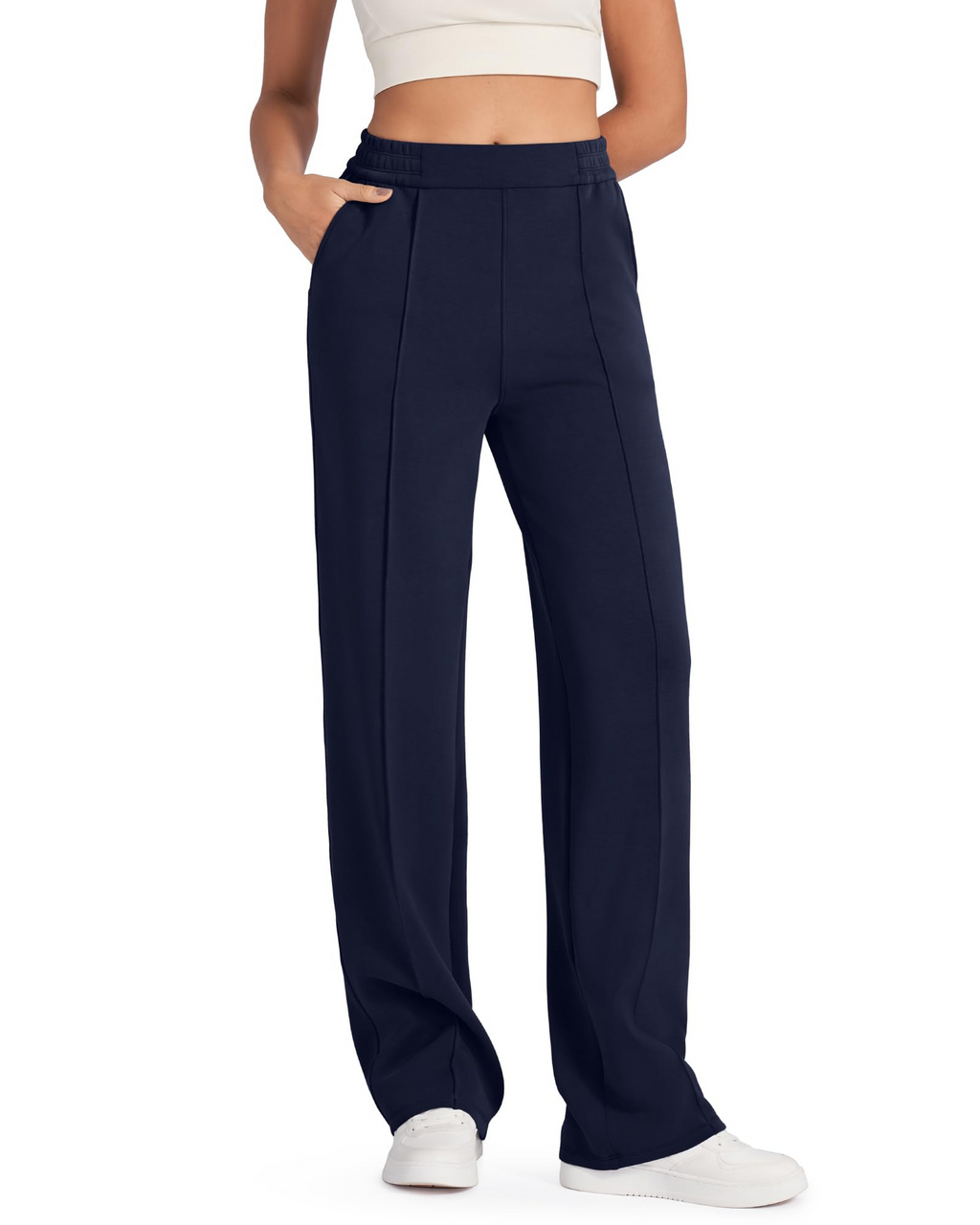 Autumn/Winter New Casual Comfort Elastic High-Waisted Black Straight Leg Pants with Pockets for Women