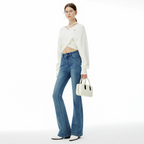 High end 2025 autumn and winter new women's clothing with four sided elastic and slightly flared slim fit denim pants in dark blue, showing height and slimming trend