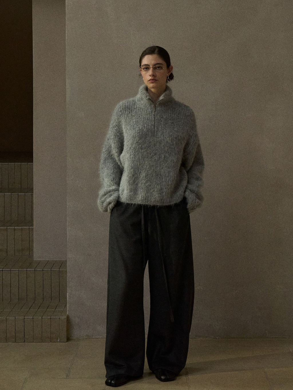 Delicate and soft alpaca wool half-zip turtleneck knit sweater for women