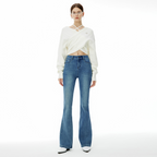 High end 2025 autumn and winter new women's clothing with four sided elastic and slightly flared slim fit denim pants in dark blue, showing height and slimming trend