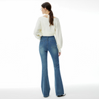 High end 2025 autumn and winter new women's clothing with four sided elastic and slightly flared slim fit denim pants in dark blue, showing height and slimming trend