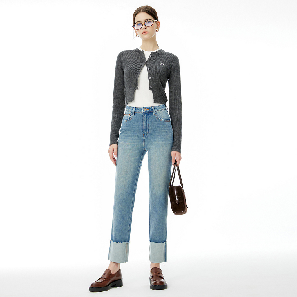 High end 2024 autumn new collection with four-way elasticity, fashionable and versatile, trendy women's clothing, denim cropped pants, showing height and thinness