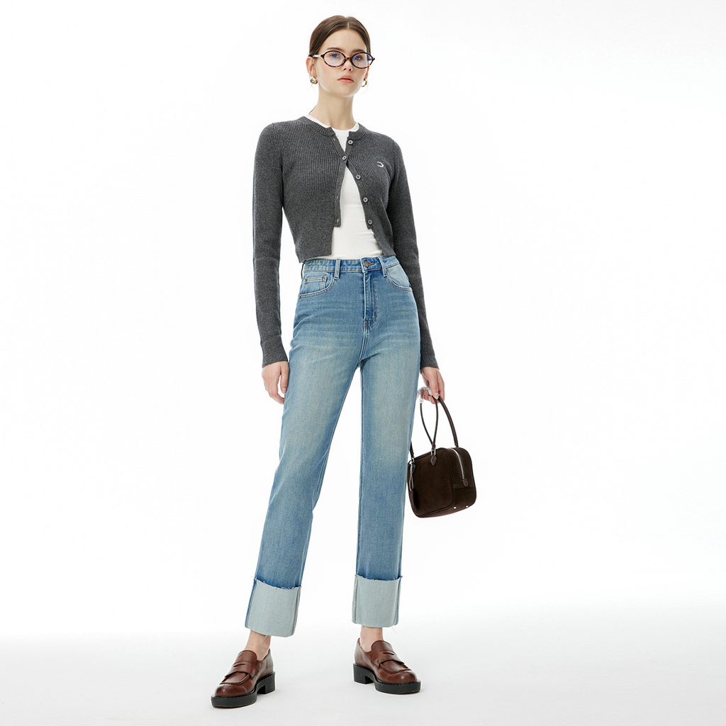 High end 2024 autumn new collection with four-way elasticity, fashionable and versatile, trendy women's clothing, denim cropped pants, showing height and thinness