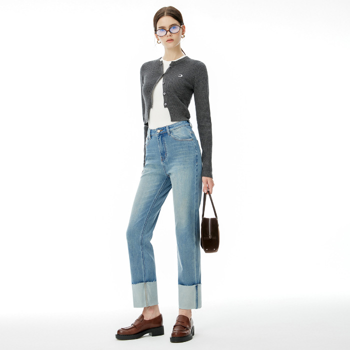 High end 2024 autumn new collection with four-way elasticity, fashionable and versatile, trendy women's clothing, denim cropped pants, showing height and thinness