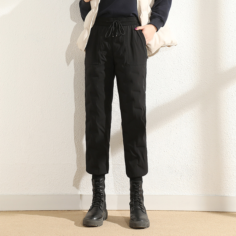 White duck down pants, women's outerwear with thick velvet and high waisted workwear, casual and warm cropped pants