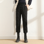 White duck down pants, women's outerwear with thick velvet and high waisted workwear, casual and warm cropped pants