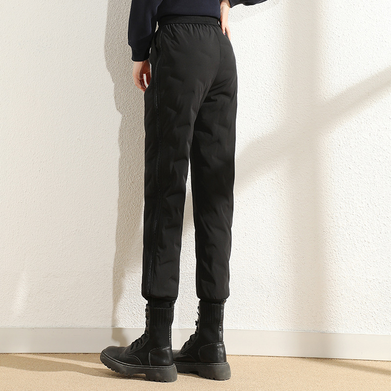 White duck down pants, women's outerwear with thick velvet and high waisted workwear, casual and warm cropped pants