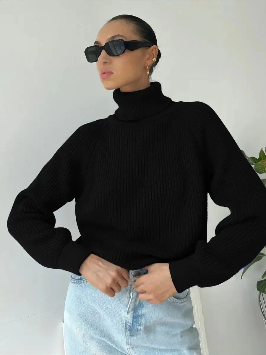 Women's high-neck sweater, loose fit, new style, thickened, solid color, casual sweater for autumn and winter.