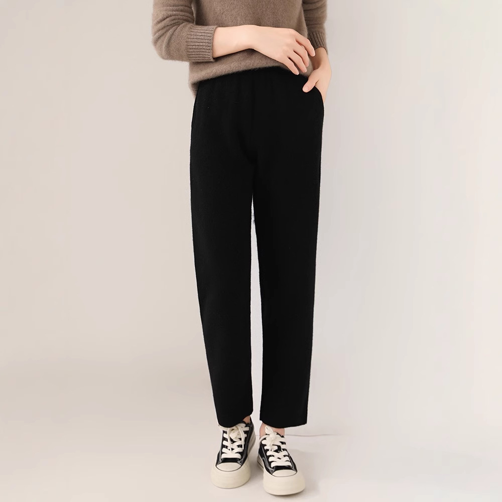 Thickened pure wool skinny pants for women, autumn and winter style, high-waisted knitted carrot harem pants, cigarette pants, casual outerwear cashmere pants