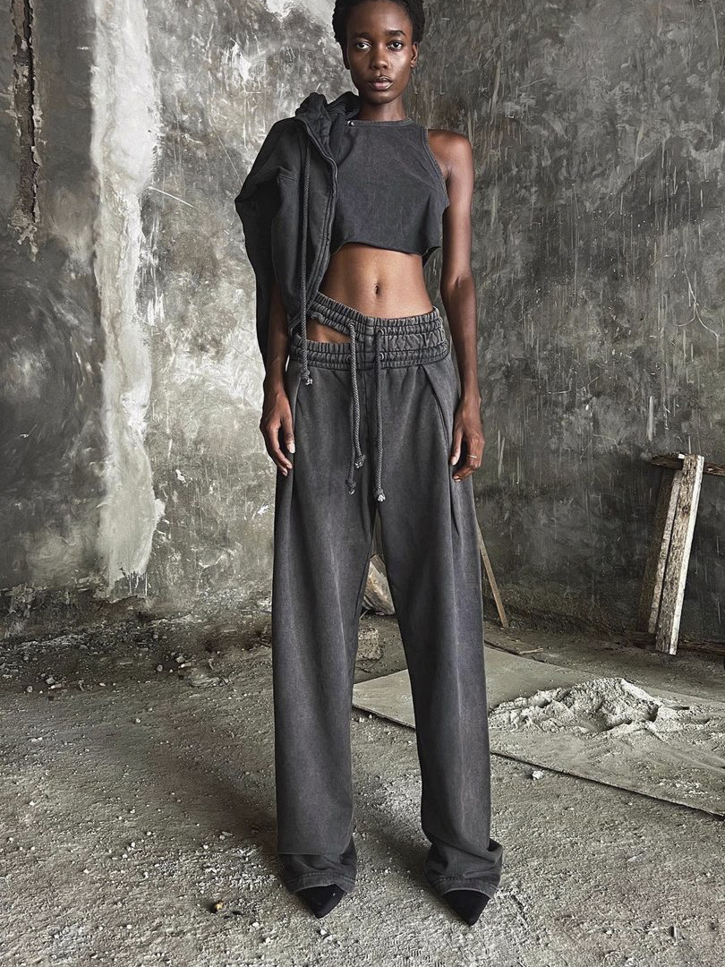 Y2K Double Waist Hollowed-Out Drawstring Sweatpants Women's Loose Long Pants with Tapered Leg, Street Style, Y2K Style