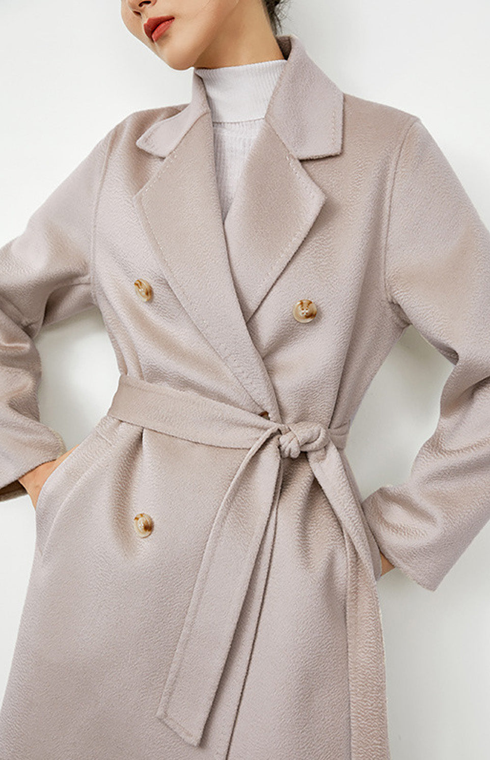 Water-wave patterned, double-sided woolen cashmere coat for women