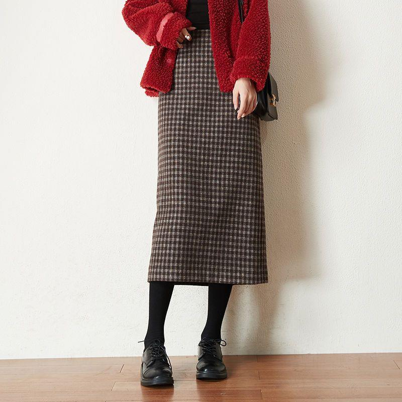 Houndstooth wool midi skirt for women, 2024 autumn/winter new arrival, thickened, long A-line skirt.