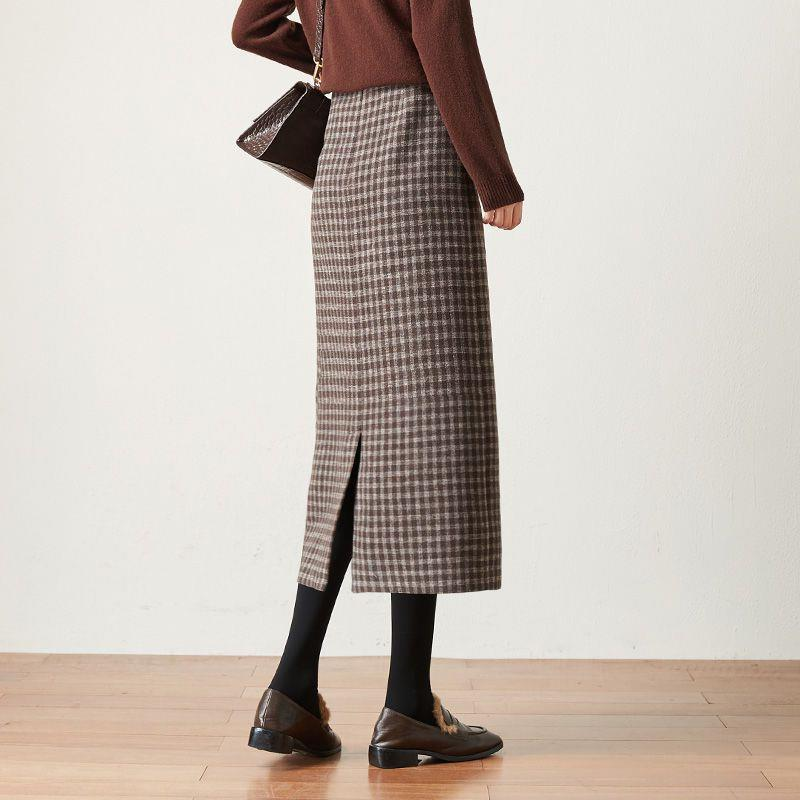 Houndstooth wool midi skirt for women, 2024 autumn/winter new arrival, thickened, long A-line skirt.