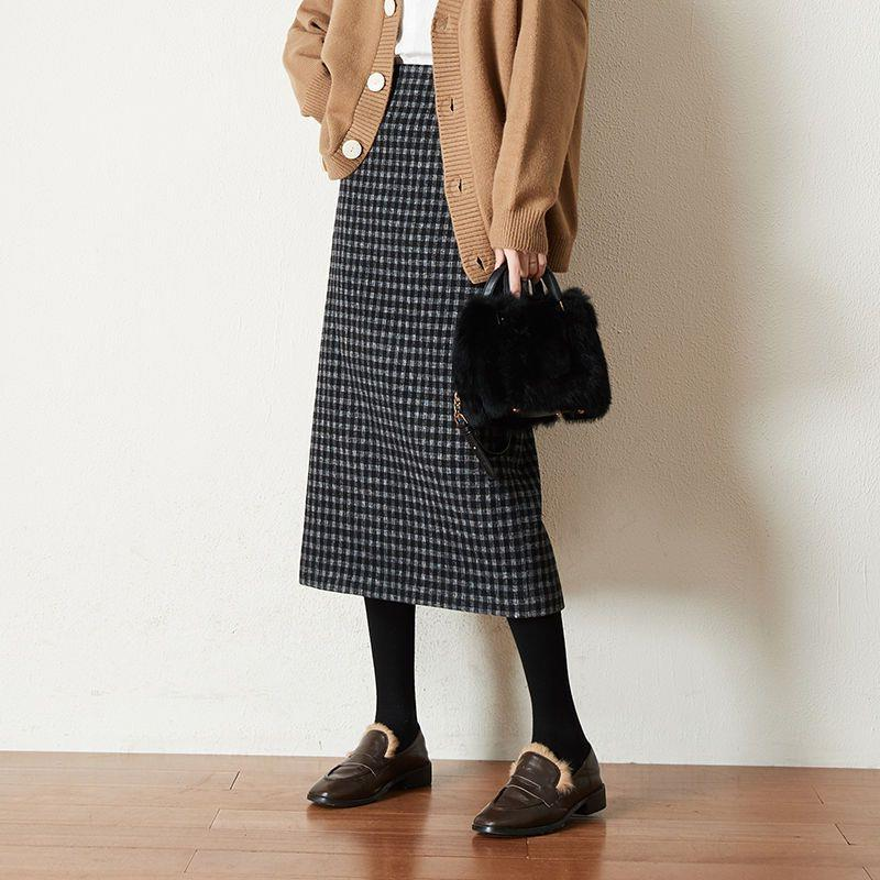 Houndstooth wool midi skirt for women, 2024 autumn/winter new arrival, thickened, long A-line skirt.