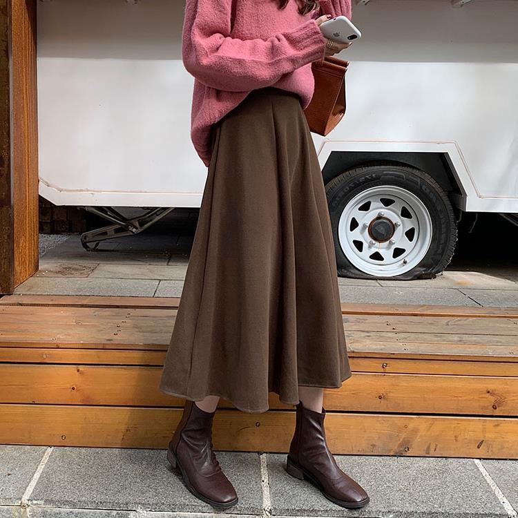 Autumn/Winter French Style Brown Umbrella Skirt Women's High Waist Thick A-line Full Swing Skirt Autumn Long Skirt