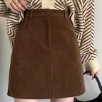 New brown corduroy midi skirt for women, autumn and winter, slimming high-waisted A-line mini skirt, suitable for petite women (145cm).