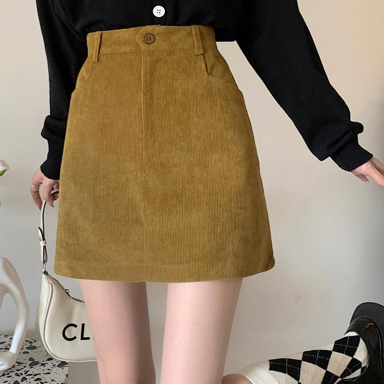 New brown corduroy midi skirt for women, autumn and winter, slimming high-waisted A-line mini skirt, suitable for petite women (145cm).