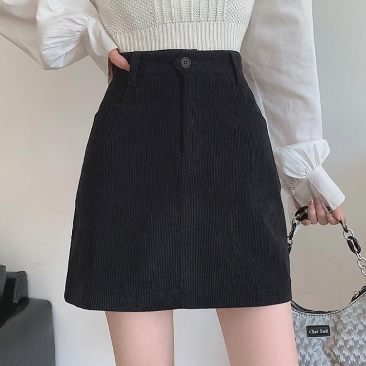 New brown corduroy midi skirt for women, autumn and winter, slimming high-waisted A-line mini skirt, suitable for petite women (145cm).