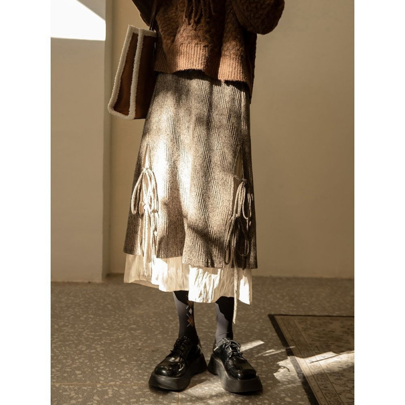 Irregular Corduroy Skirt for Women, 2025 Autumn/Winter New Retro Style, Brown High-Waisted Tie-Waist Midi Skirt