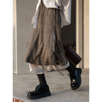 Irregular Corduroy Skirt for Women, 2025 Autumn/Winter New Retro Style, Brown High-Waisted Tie-Waist Midi Skirt