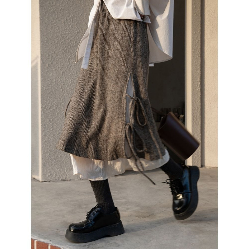 Irregular Corduroy Skirt for Women, 2025 Autumn/Winter New Retro Style, Brown High-Waisted Tie-Waist Midi Skirt
