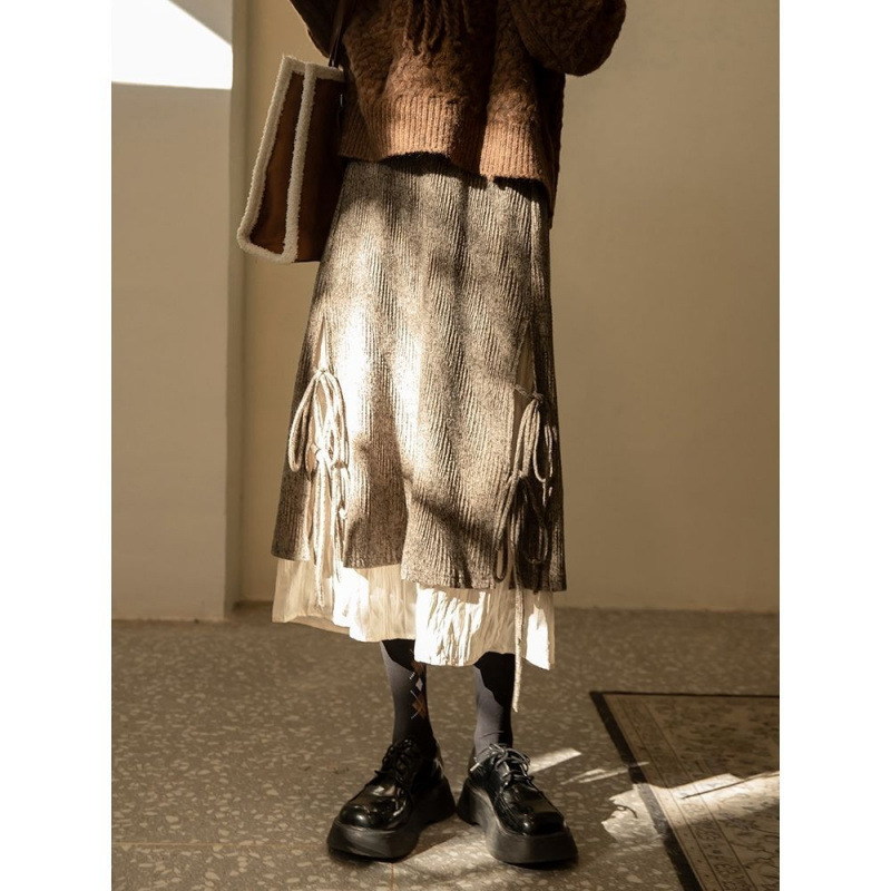 Irregular Corduroy Skirt for Women, 2025 Autumn/Winter New Retro Style, Brown High-Waisted Tie-Waist Midi Skirt