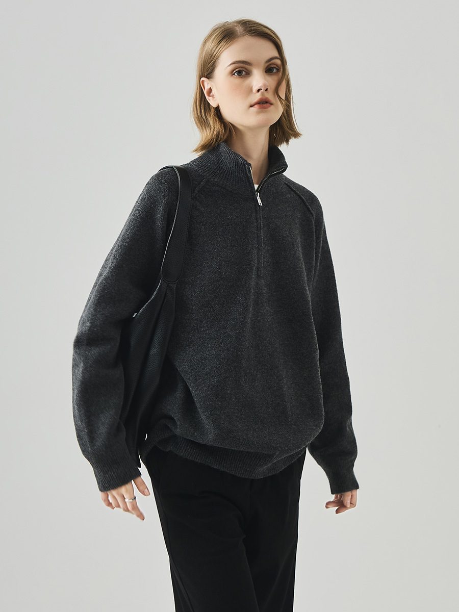 Women's Autumn/Winter Unisex Loose-fitting High Neck Zipper Raglan Long-sleeved Knit Sweater