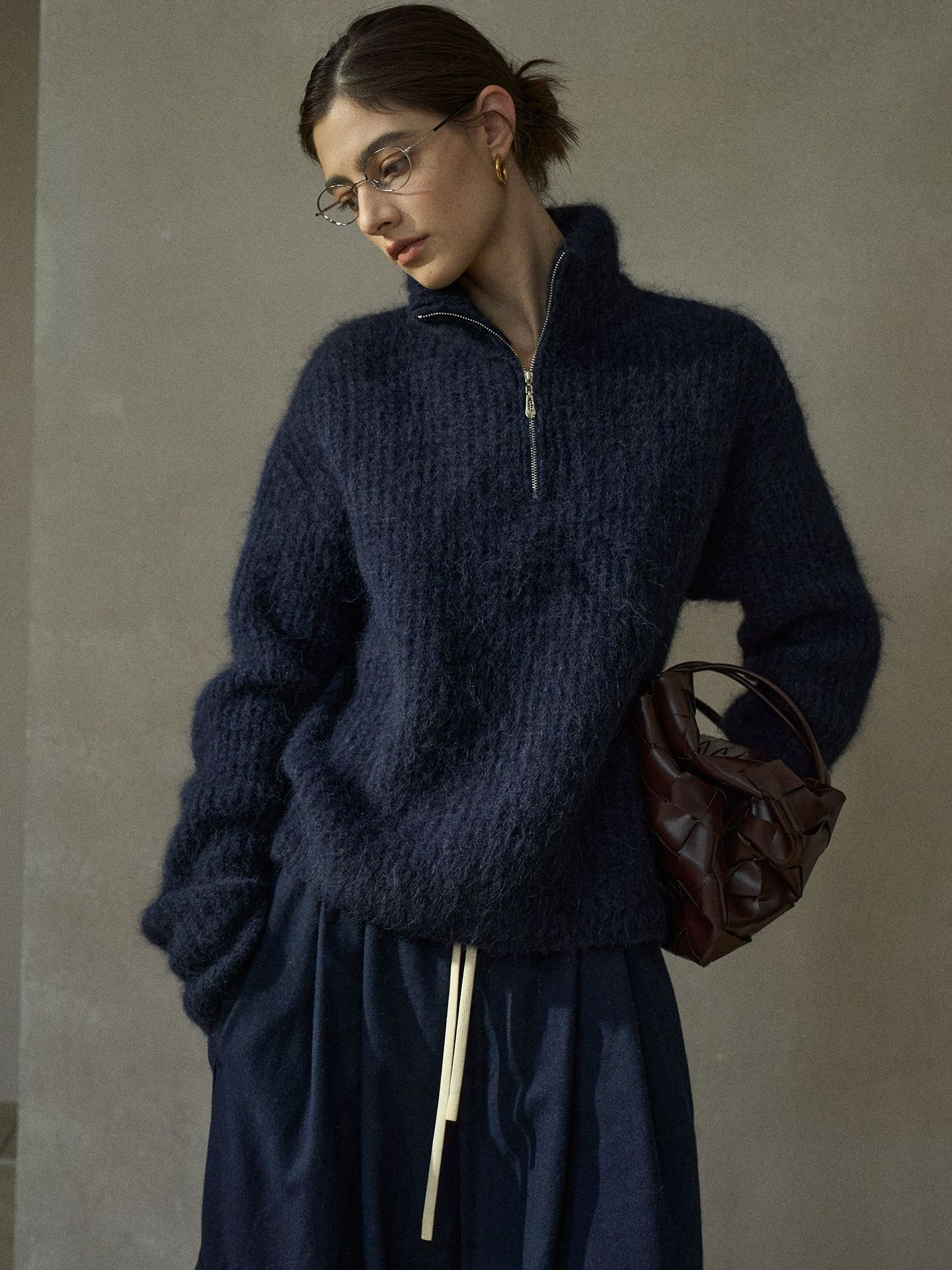 New winter style, soft and delicate alpaca wool half-zip turtleneck knit sweater for women.