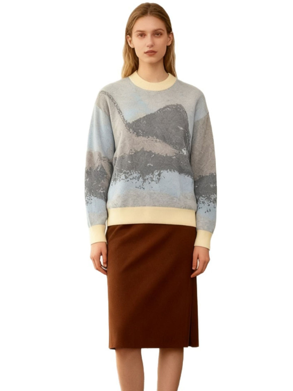 Commuter-style color-blocked jacquard crew neck long-sleeved sweater, casual mid-length autumn/winter sweater, loose and relaxed fit for women.