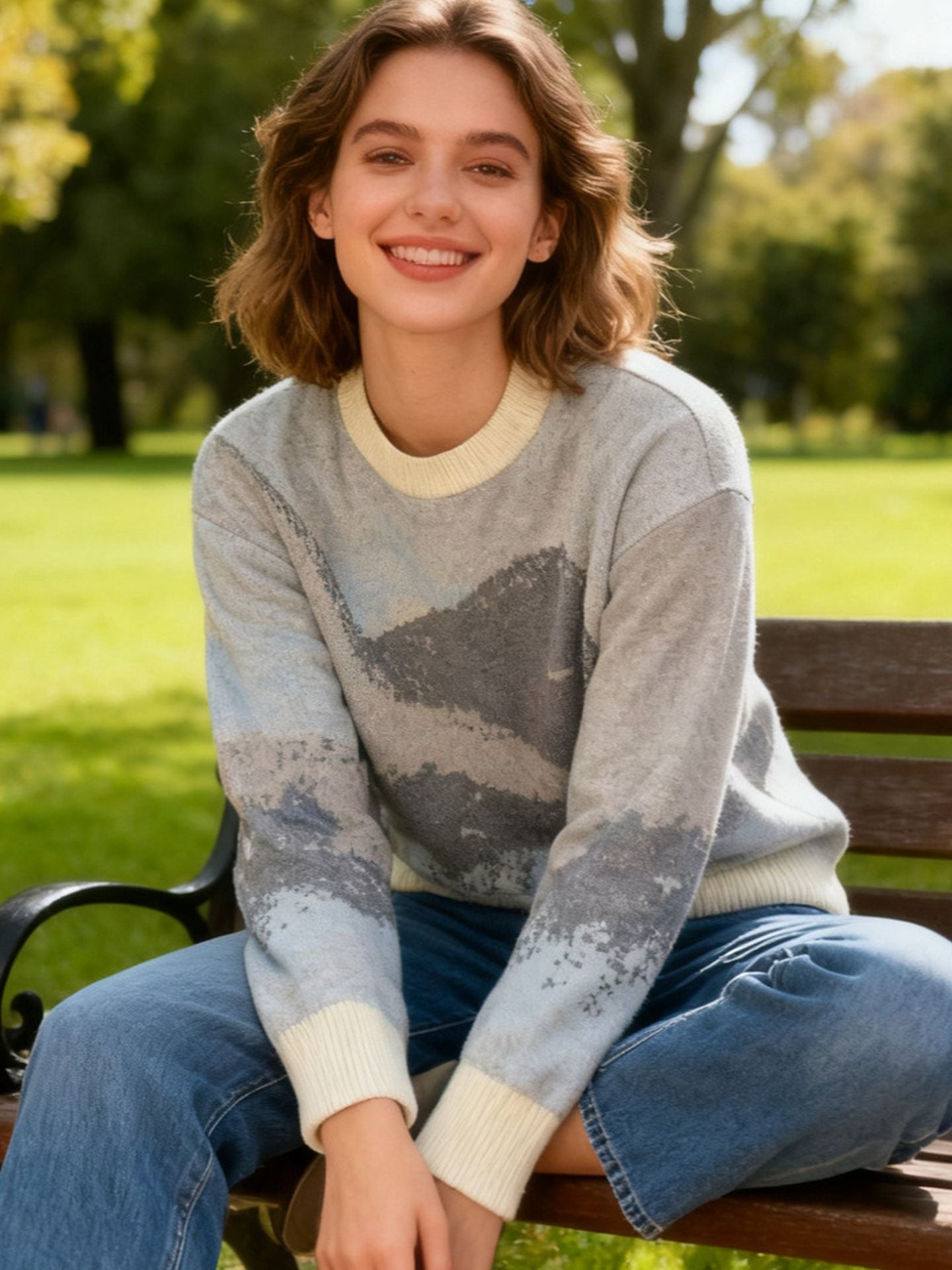 Commuter-style color-blocked jacquard crew neck long-sleeved sweater, casual mid-length autumn/winter sweater, loose and relaxed fit for women.
