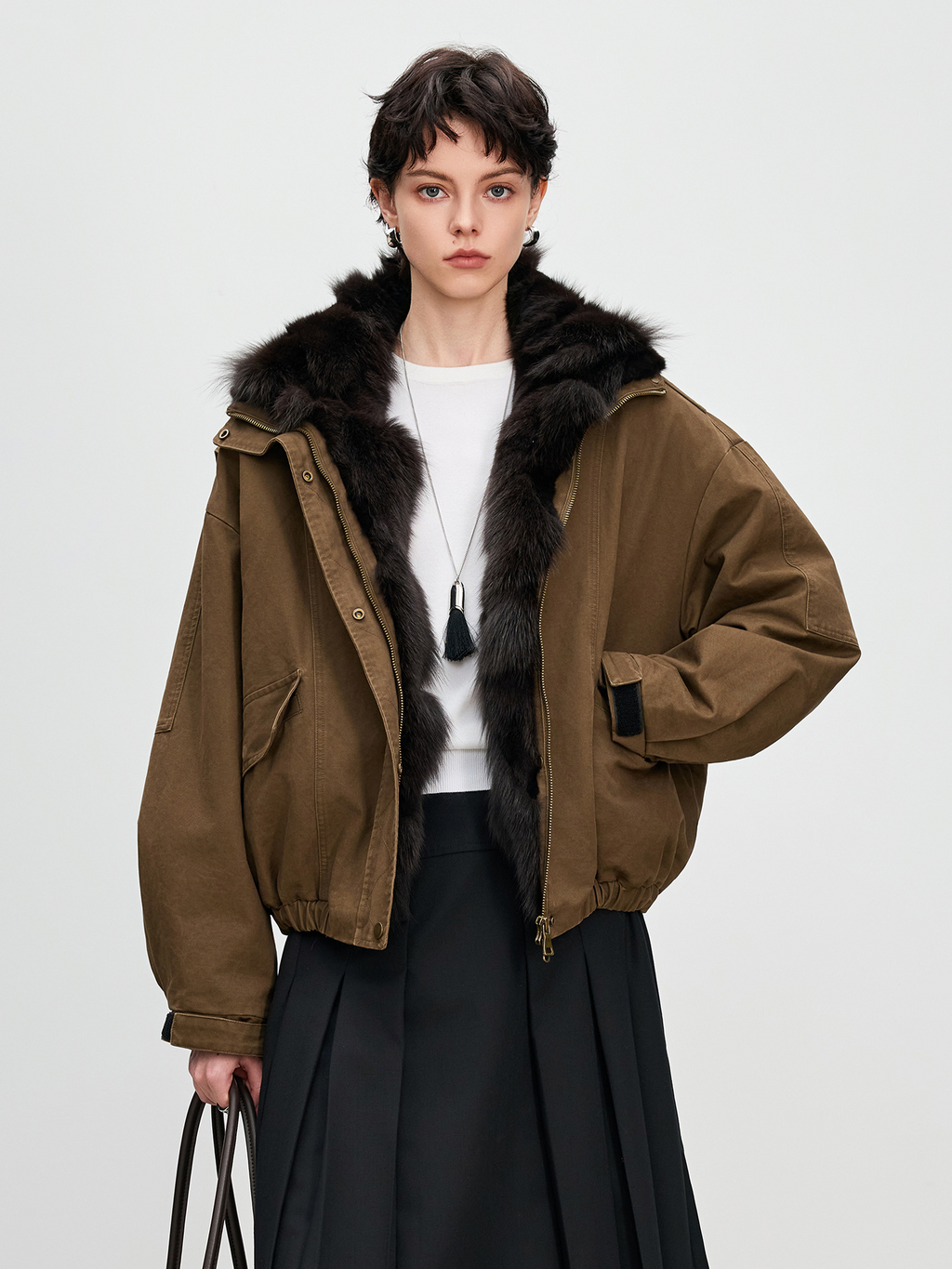 New imported fur coat with fox fur lining, designed for young people, available in denim jacket style.