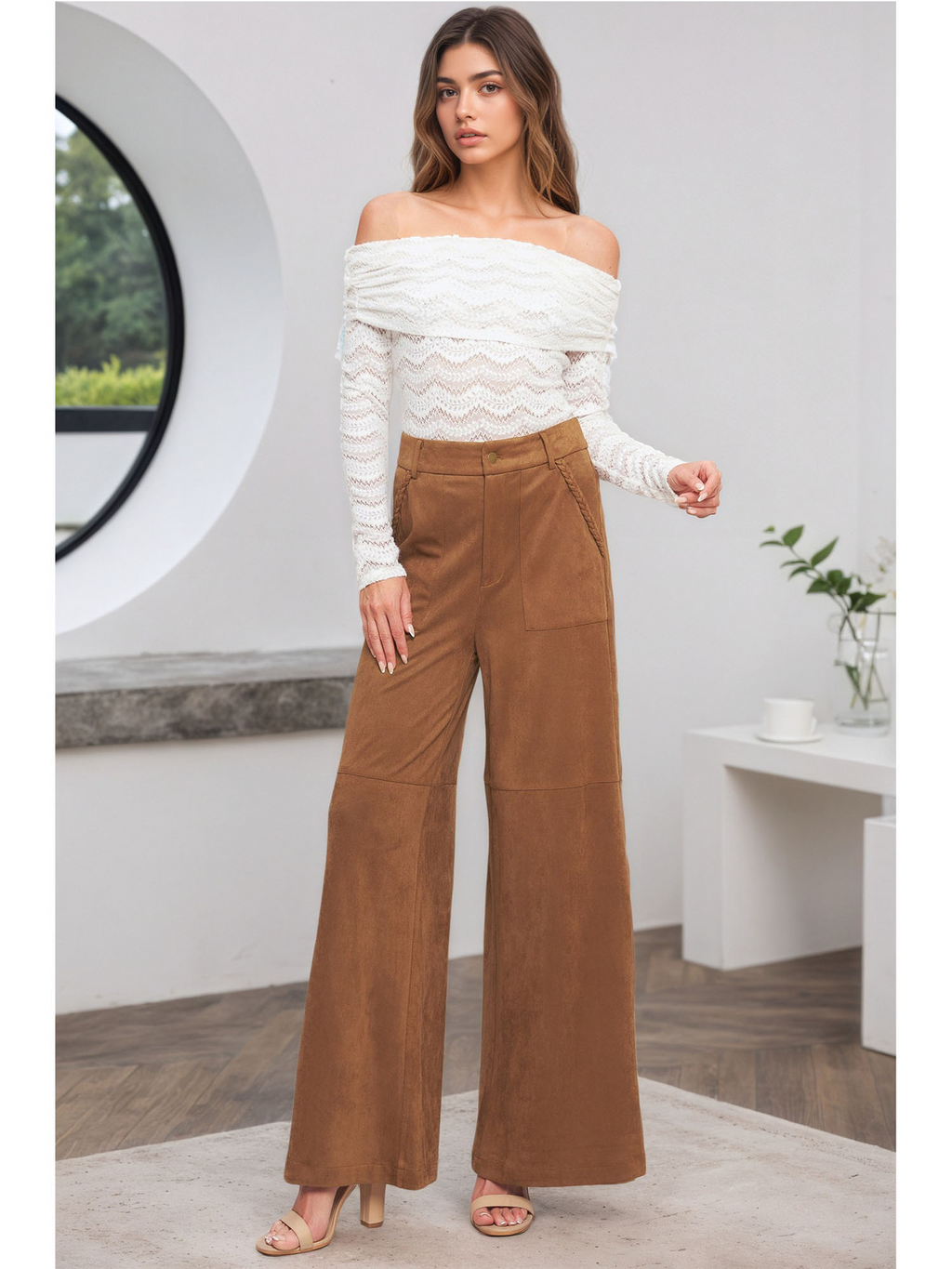New autumn/winter style women’s leather trousers with a high waist, two pockets, and a casual, straight-leg design.