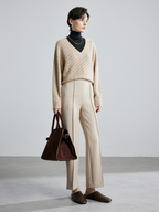 New autumn/winter style wide-leg trousers with a flattering, floor-length design. These trousers feature a milky-white color and a straight-leg design, giving them a stylish, almost suit-like look.