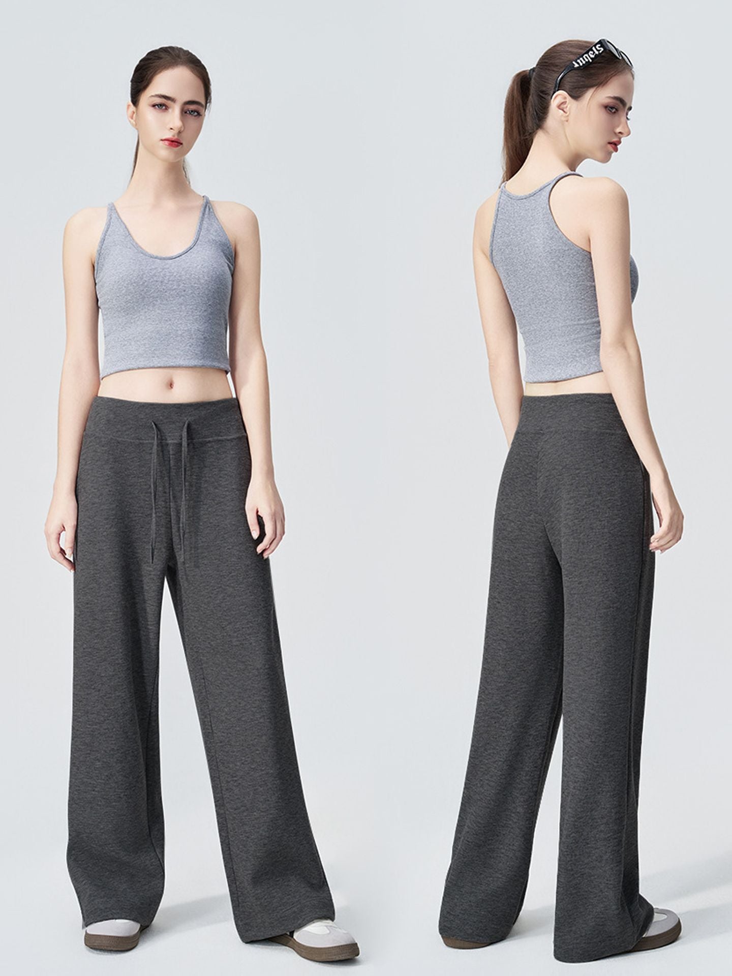 Knitted four-color casual pants; women’s high-waisted, hip-enhancing trousers with a flattering, straight-leg design and wide legs.