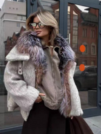 New high-end luxury cashmere and fur down jacket with large fur collar, short style, thick coat for women.