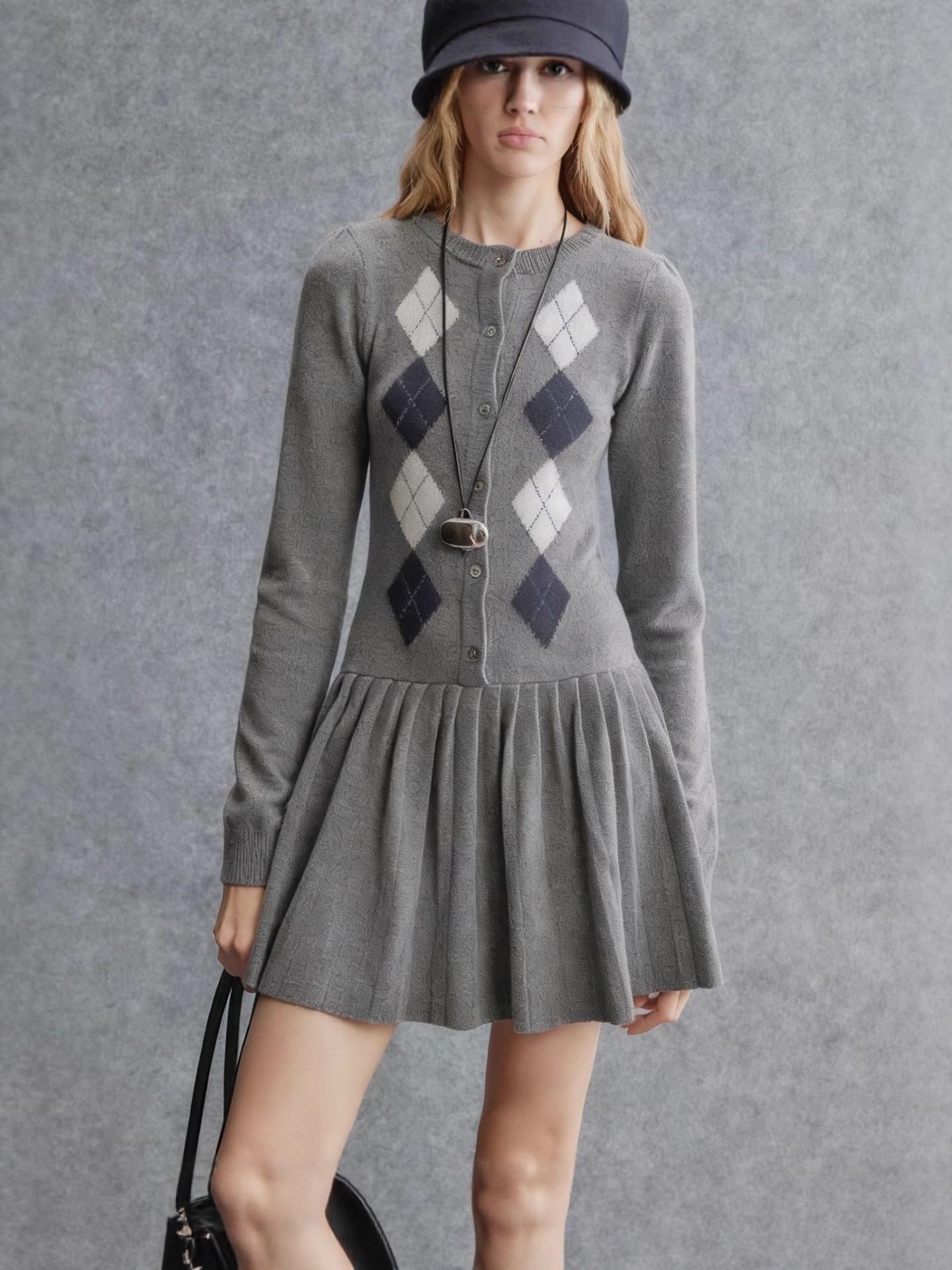 Retro-style cashmere-wool striped plaid pleated knitted dress