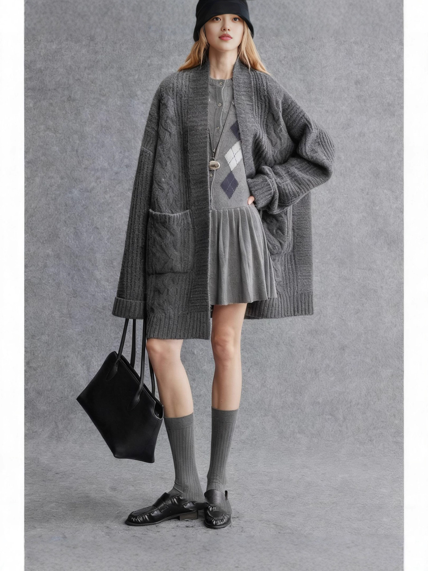 Retro-style cashmere-wool striped plaid pleated knitted dress