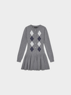 Retro-style cashmere-wool striped plaid pleated knitted dress